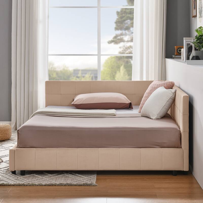 L-shaped Velvet Upholstered Daybed Tufted Sofa Bed with Soft Backrest Armrests - and Optional Corner Storage Day Bed