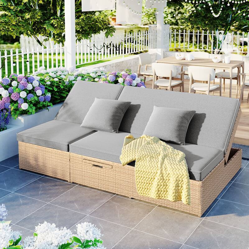 Brown PE Rattan Outdoor Double Sunbed with Adjustable Backrest and Seat
