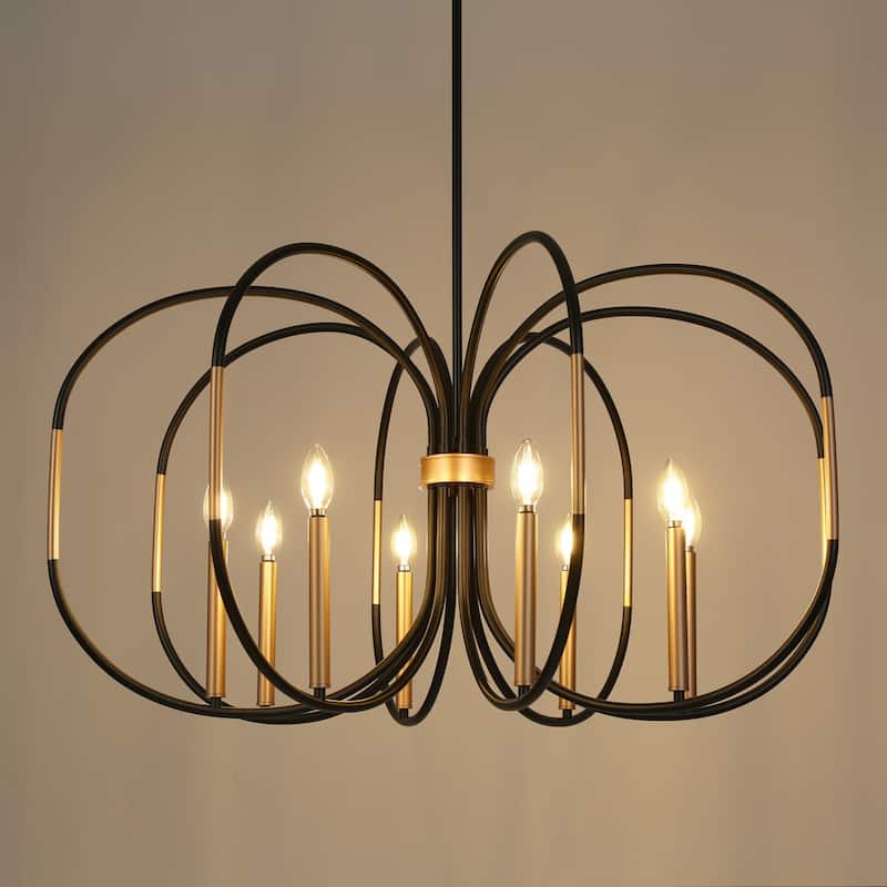 Modern Unique 8-Light Chandelier Black Gold Drum-Shape Pendant for Dining Room - 37.8 " × 20 "
