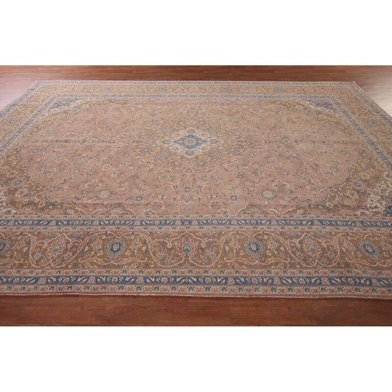 Pink Mashad Persian Vintage Area Rug Hand-Knotted Wool Carpet - 9'7"x 13'4"