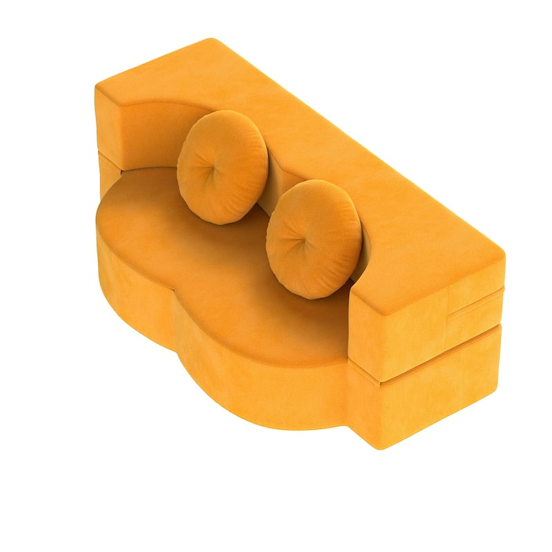 Modern Floor Sofa with 2 Pillows, Convertible Plush Corduroy Foam-Filled Sleeper Sofa Bed, 14.2" Full Size Folding Mattress