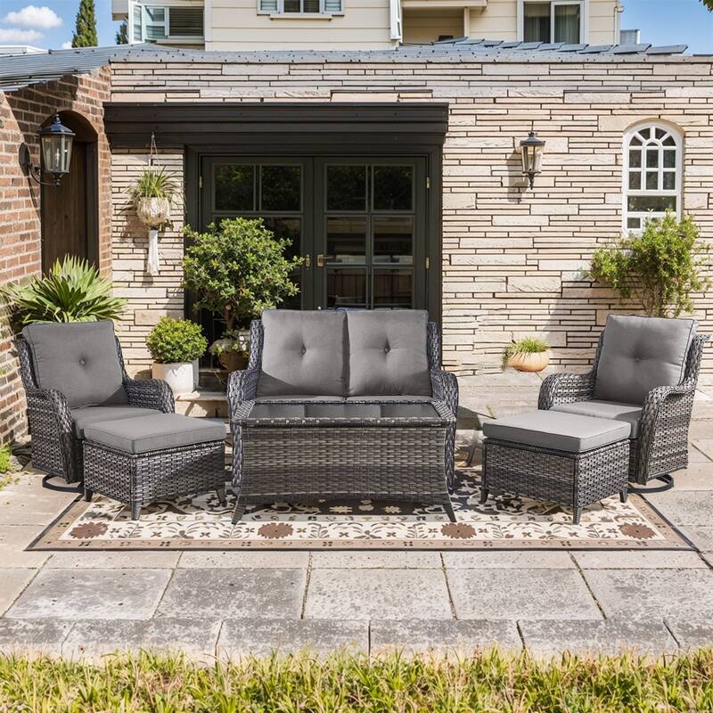 Pocassy Outdoor 4 Inch Sofa Swivel Chairs Table Ottoman - Grey Wicker Grey Cushion - 6 Pieces 2-Seat Sofa Swivel Chair Table Ottoman