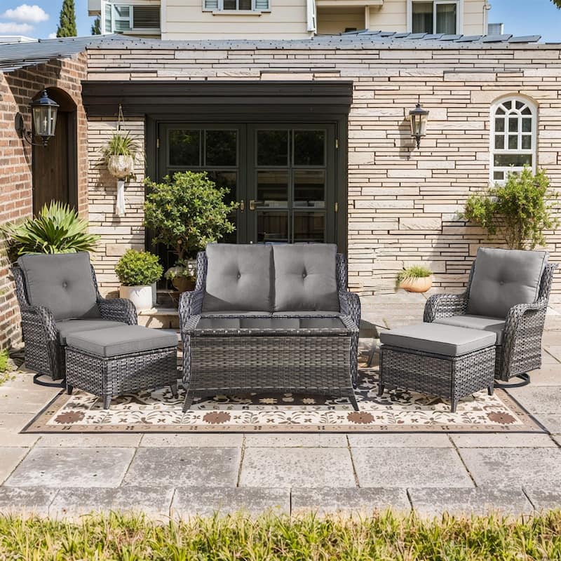 Pocassy Outdoor 6 Pieces 2-Seat Sofa Swivel Chairs Table Ottoman - Gray cushion - Gray Wicker