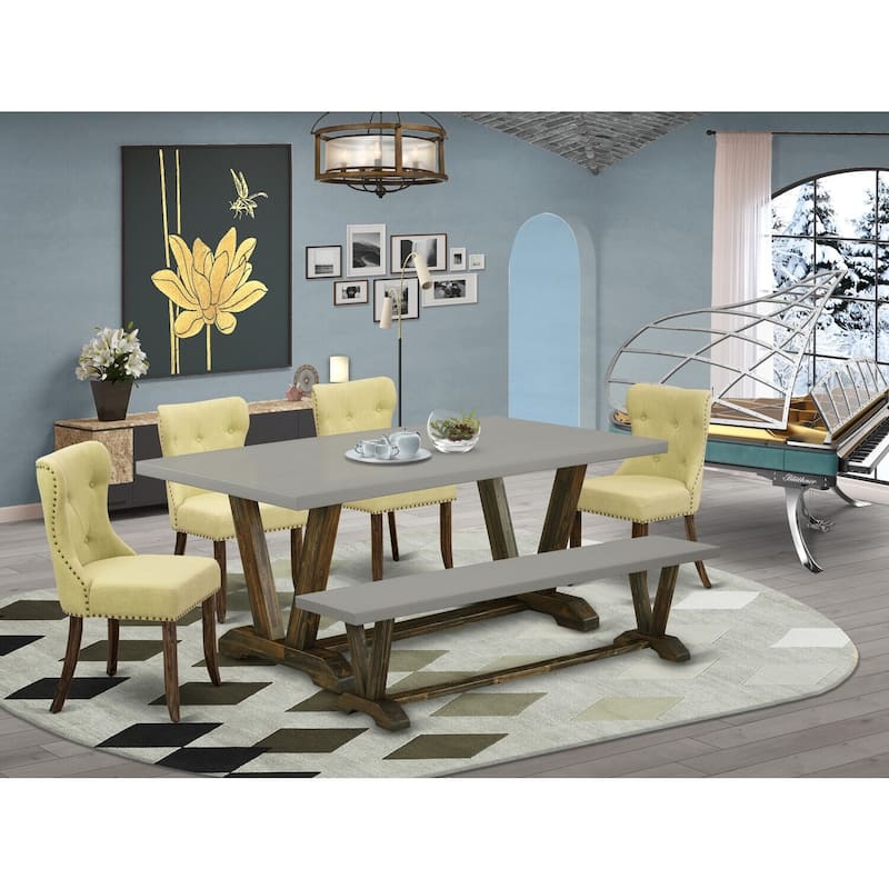 Mid Century Dining Set - 6 Piece Table & Chair Set with Bench - Linen Fabric Parsons Chairs
