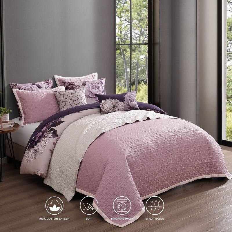 Bebejan Plum Petal 8 Piece 100 % Cotton Sateen Reversible Comforter & Coverlet Set