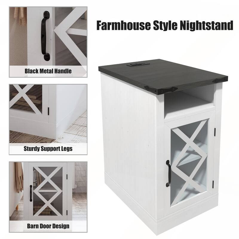 Farmhouse End Table with Charging Station abnd Adjustable Shelf for Living Room and Bedroom
