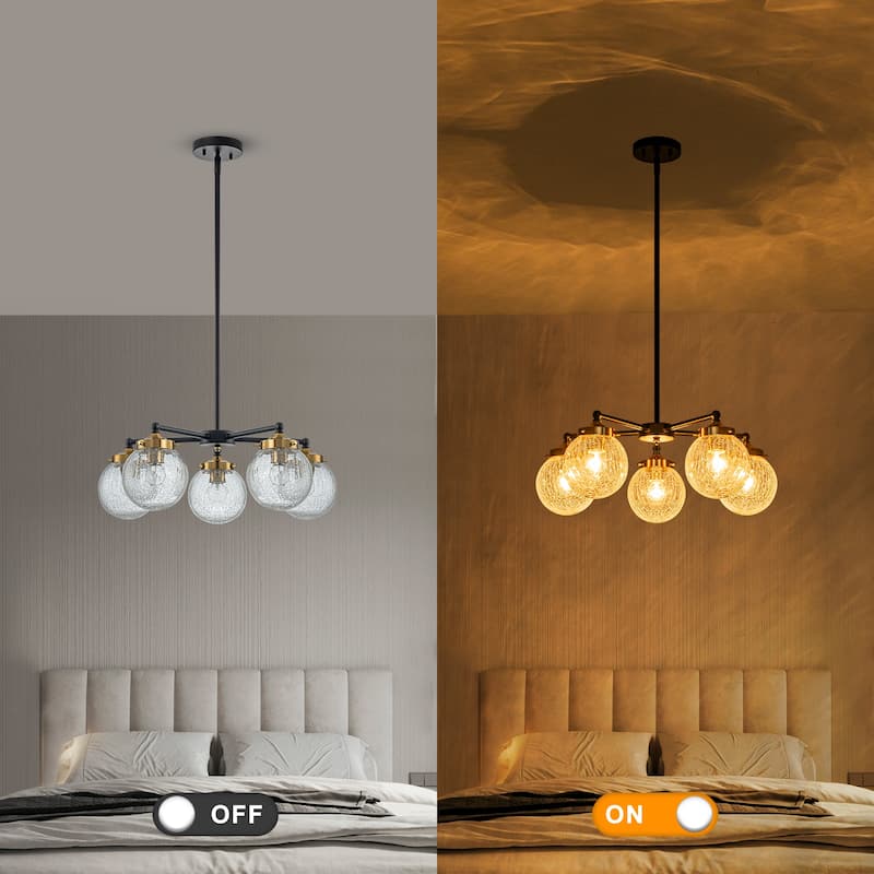 5-Light Modern Branch Chandelier with Clear Crackled Glass Globes - Dia.22.44-in