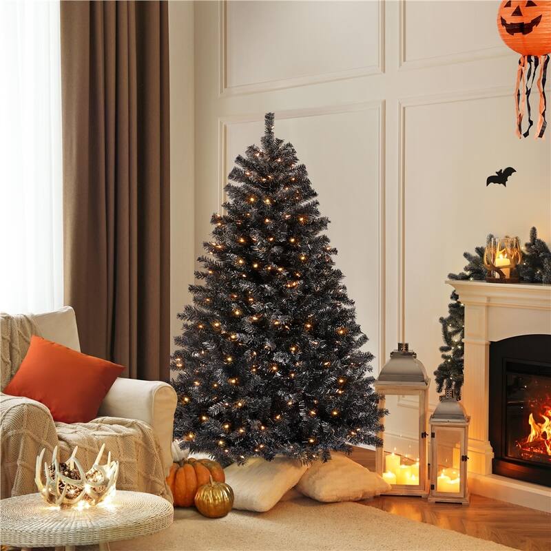 Yaheetech Prelit Halloween Black Spruce Hinged Christmas Pine Tree - 4.5 Foot