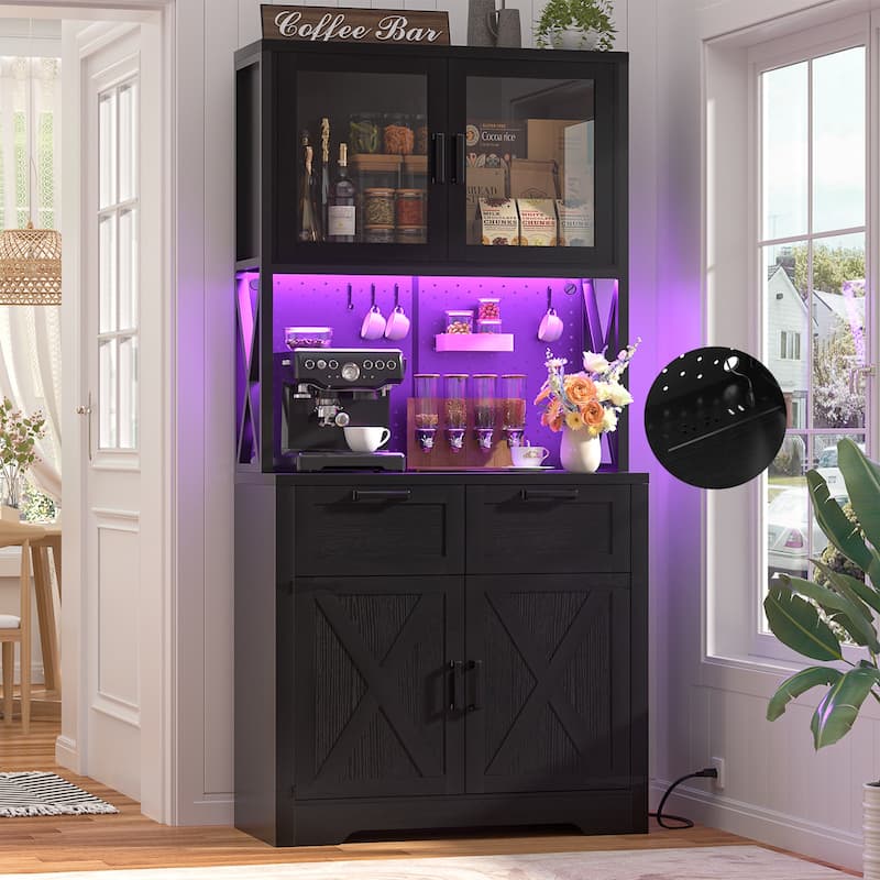 71" Kitchen Pantry Storage Cabinet with LED Light & Power Outlet, Freestanding Buffet Cabinet with Microwave Stand and Doors - Black