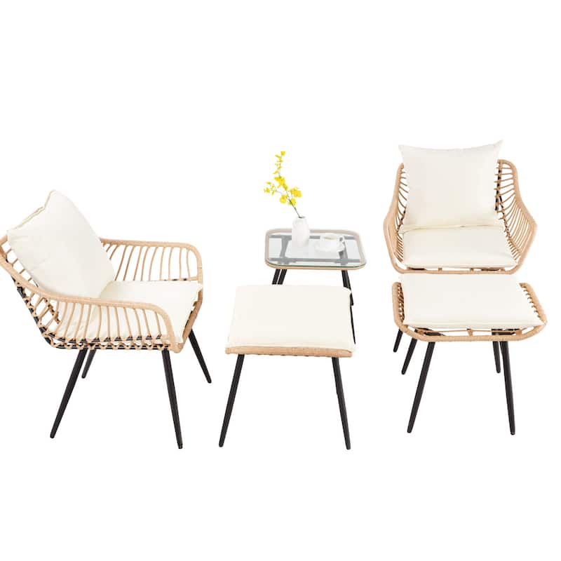 5-PC Wicker Outdoor Sofa Set, 2 Chairs, 2 Ottomans, 1 Table