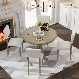 5-Piece Retro Round Dining Table Set with Curved Trestle Style Table ...