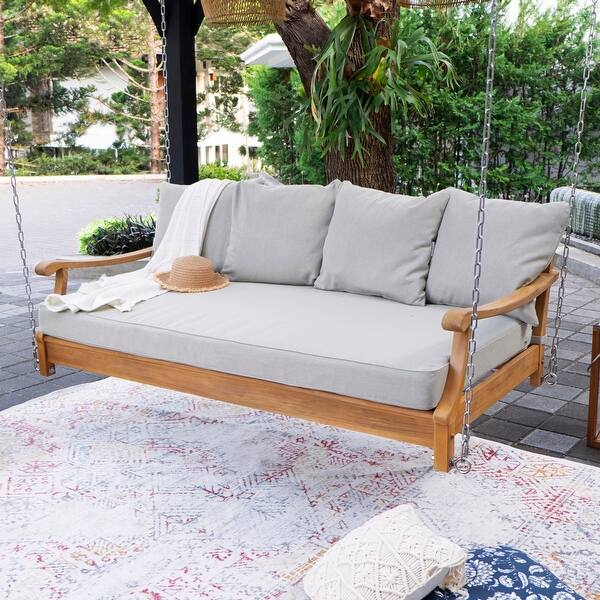 Cambridge Casual Robin Teak Wood Outdoor Swing Daybed with Cushion On