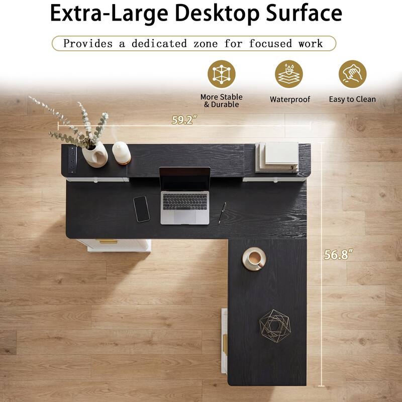 Executive L Shaped Desk Home Office Desk with Charging Station, Corner Computer Desk with Monitor Stand, Drawer, Storage Cabinet