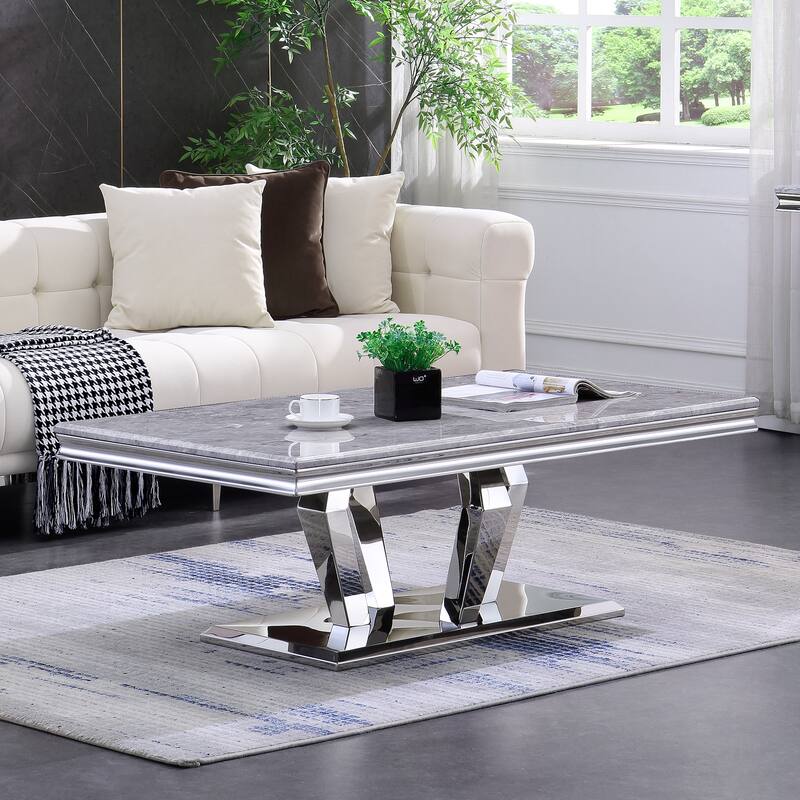 Modern Coffee Table with Stainless Steel Base 48 inches Rectangular Coffee Table with Sturdy Metal Frame for Living Room - Silver
