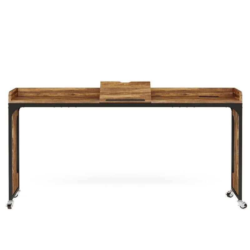 35.4"-43.3" Adjustable Overbed Table, 70.8" Queen Size Laptop Desk with Wheels, Outlets, USB, Rustic Brown