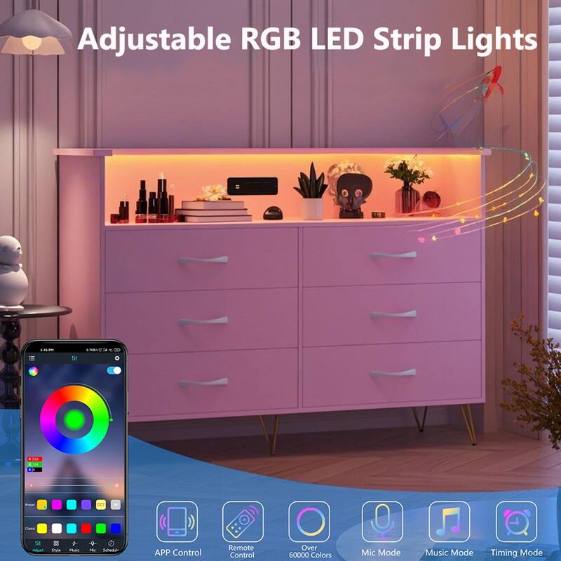 6-Drawer Dresser for Bedroom with LED Lights & Charging Station, Wood Storage Chest with Steel Frame