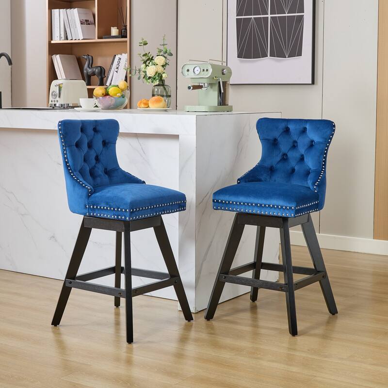 Swivel Bar Stools Set of 2, Velvet Counter Height Barstools with Wooden Legs, Kitchen Island Chairs with Button Backrest