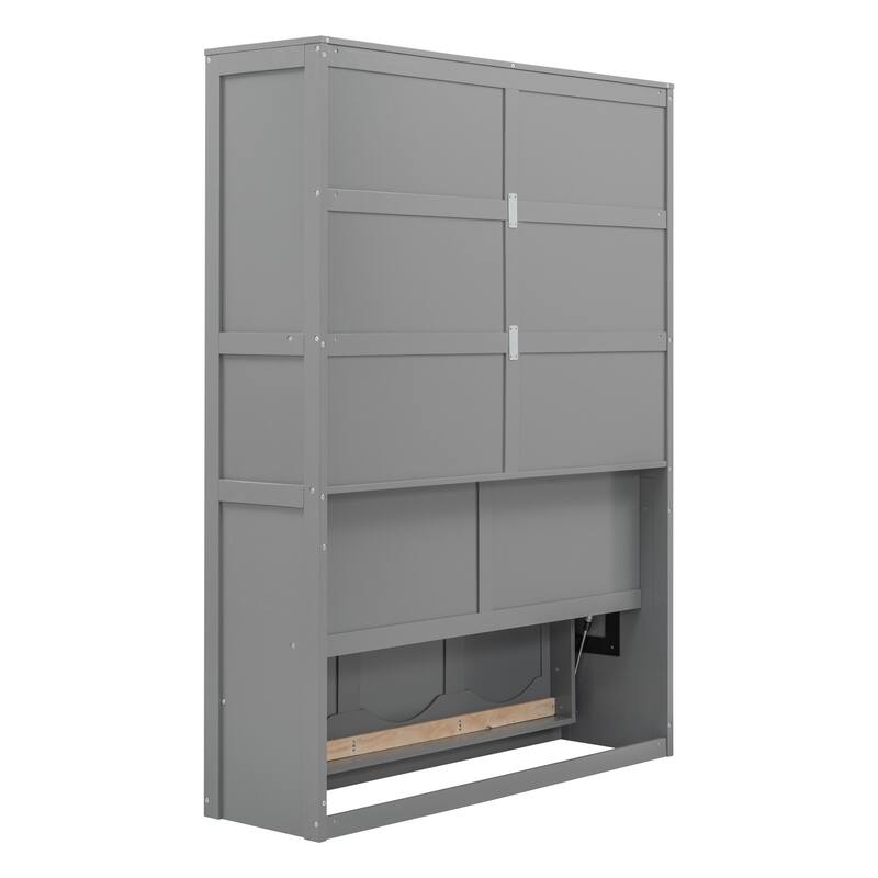 Space-Saving Gray Full Size Murphy Bed with Shelves and Mattress Holder