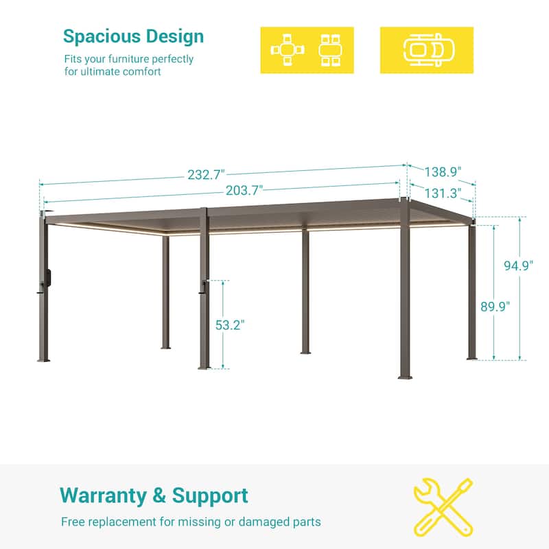 BONOSUKI Outdoor Aluminized Steel LED Louvered Pergola with Adjustable Roof, Brown