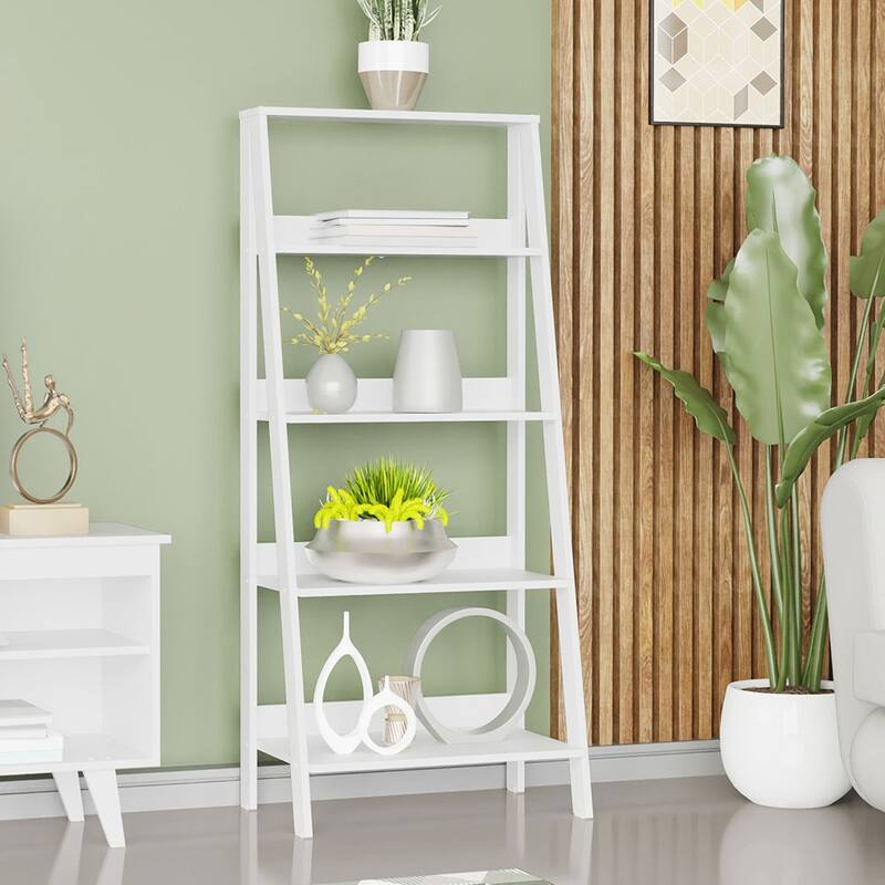 Madesa Modern 5-Tier Ladder Shelf Pantry Storage Space 24 Inch Free Standing Bookshelf Home Office Study Room and Kitchen - White