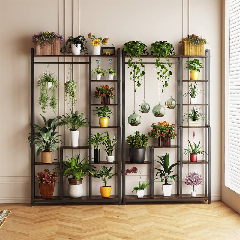 Tall Indoor Plant Stand Flower Holder Storage Stand with Hanging Rod or Clothes Rack