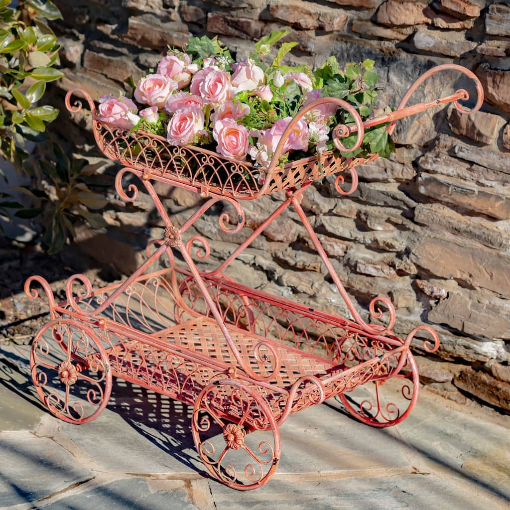Two Tier Iron Flower Push Cart in Flamingo Pink "Odesa 1794" - 21.65x33.85x36.61