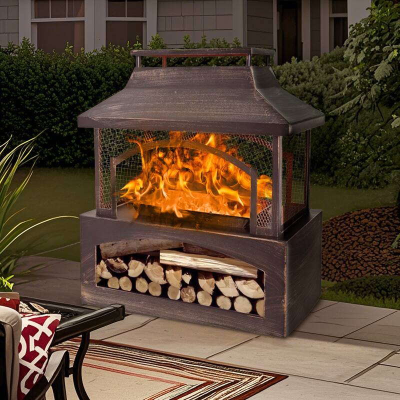 32 inch Durable Steel Rectangular Freestanding Wood Burning Fireplace with Log Rack