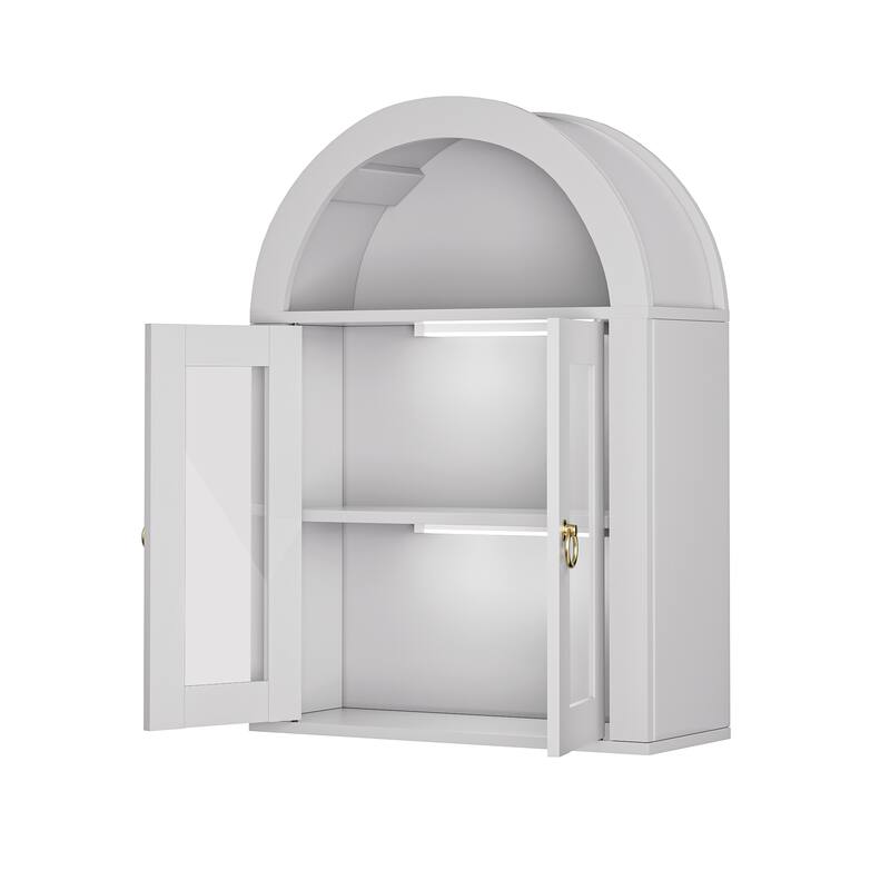 Wall Mounted Arched Cabinet with Glass Doors, Light and Adjustable Shelves for Laundry Room, Bathroom, Kitchen