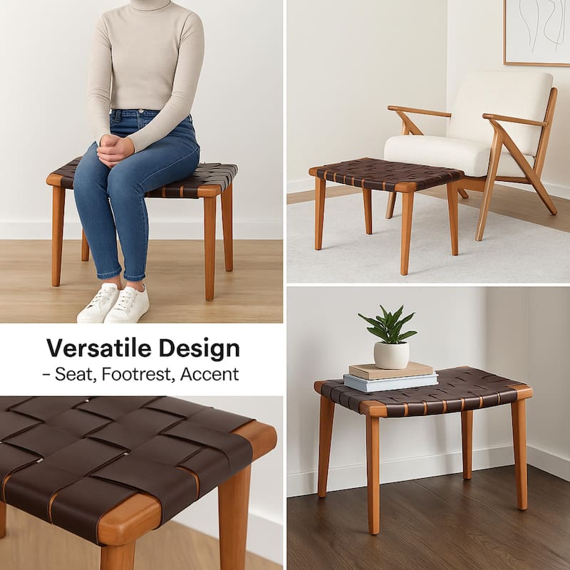 Aria Home Brown Rene Accent Stool with Recycled Leather Seat & Ash Wood Frame