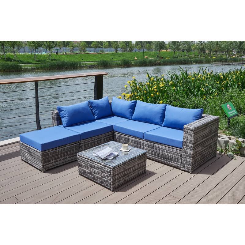 6 Piece Outdoor Sectional L- Shaped Sofa Set, All-Weather PE Wicker Rattan Conversation Furniture Set with Coffee Table - Blue+Grey