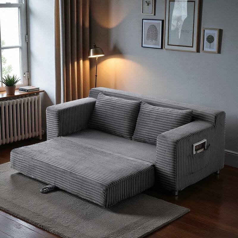 Memory Foam Cloud Loveseat, 2-in-1 Convertible Corduroy Folding Couch Bed, No-Assembly Floor Sofa with Storage Pockets