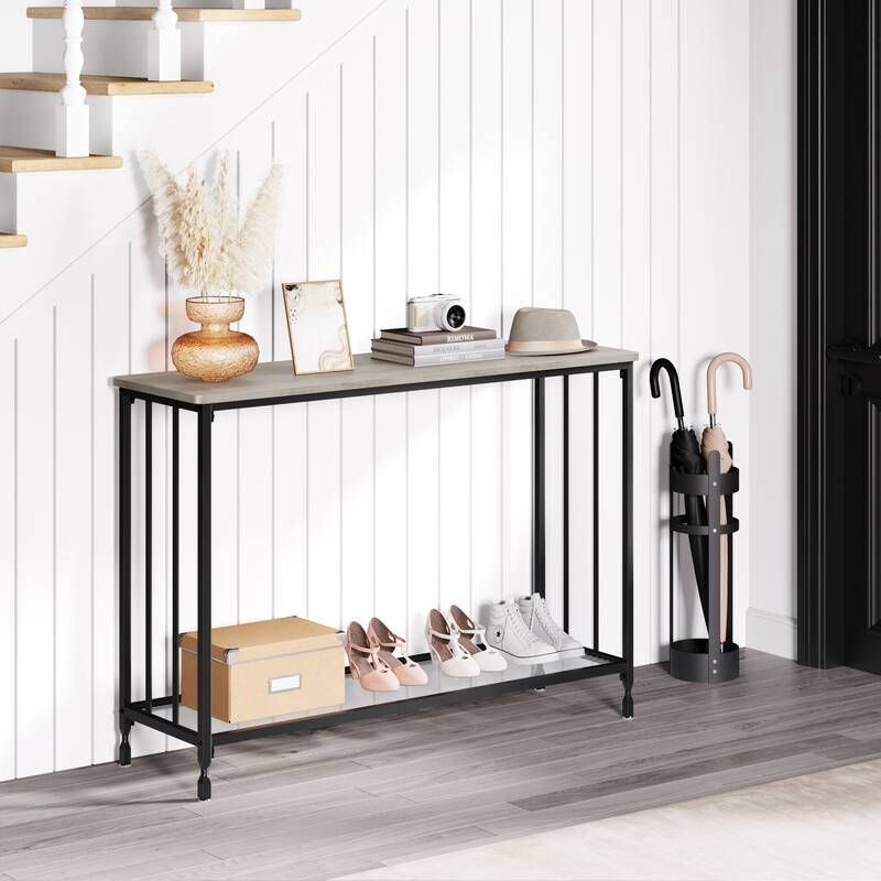 Modern Style Console Table with Glass Shelf and Metal Frame