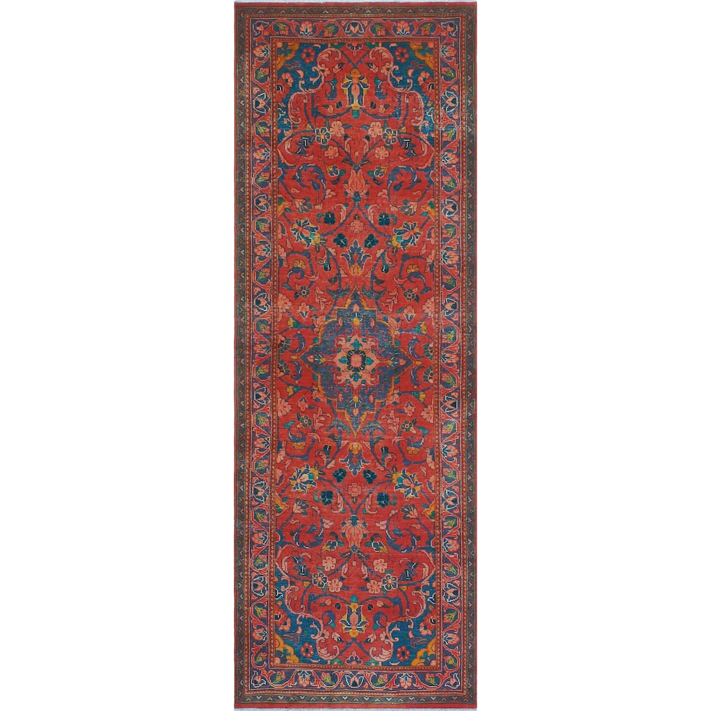 Fine Vintage Distressed Ezequiel Red/Blue Runner - 3'5" x 9'11"
