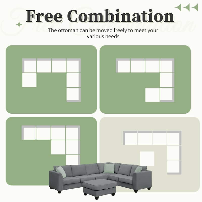 Modern Sectional Sofa with Modular 3 Seater and Movable Ottoman for Family Living Rooms and Guest Room