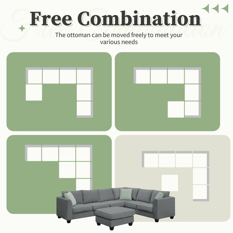 Modular Sectional Sofa with Removable Ottoman, 7 Seats Corner Sectional Sofa, L Shape Fabric Upholstered Sofa with 3 Pillows