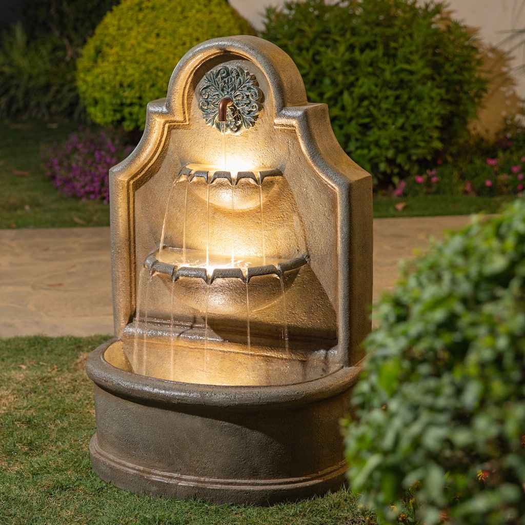 Glitzhome 37.25"H Oversized 3-Tier Single Spout European Style Polyresin Wall Fountain with LED Lights