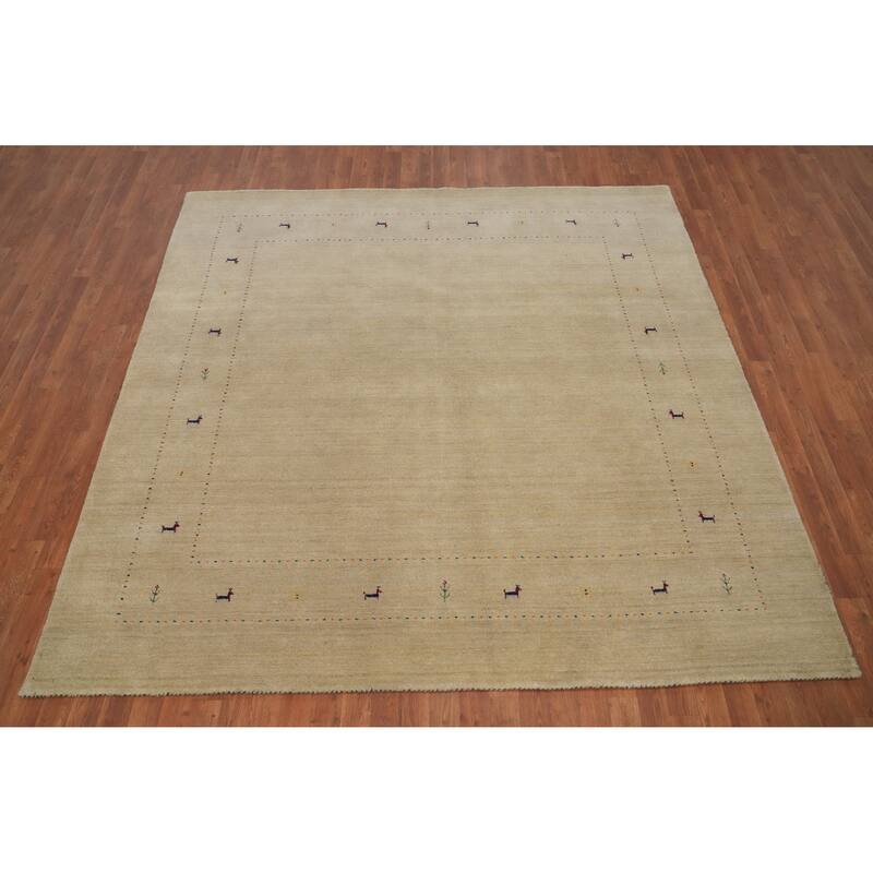 Hand Knotted Oriental 100% Wool Carpet Tribal Animal Pictorial Beige & Ivories Gabbeh Area Rug - 7' 11'' X 7' 10''