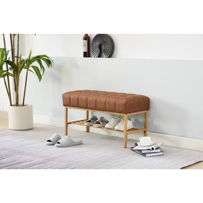 End of Bed Bench with Shelf, Retro leather Upholstered Storage Shoe Bench, Bedroom Bench with Metal Legs for Dining Room, 300 LB