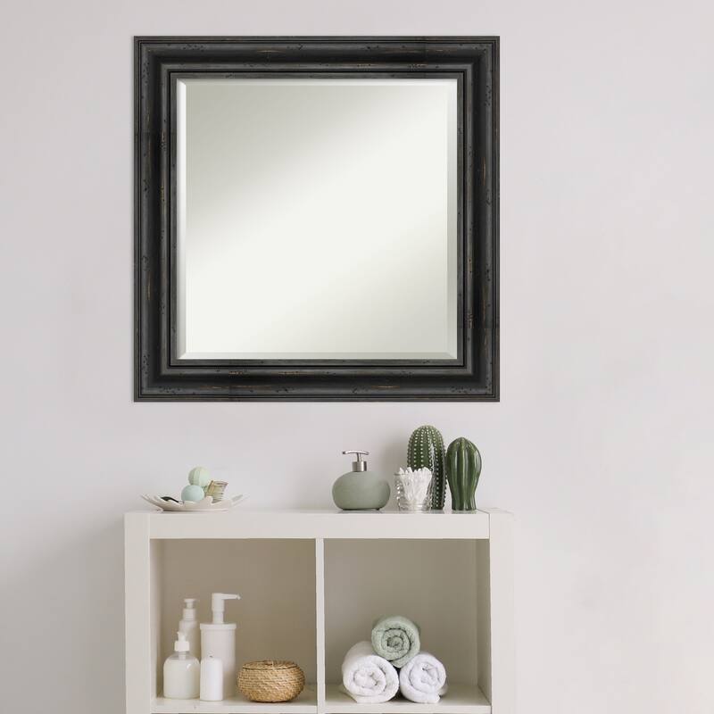 Beveled Wood Bathroom Wall Mirror - Rustic Pine Black Frame