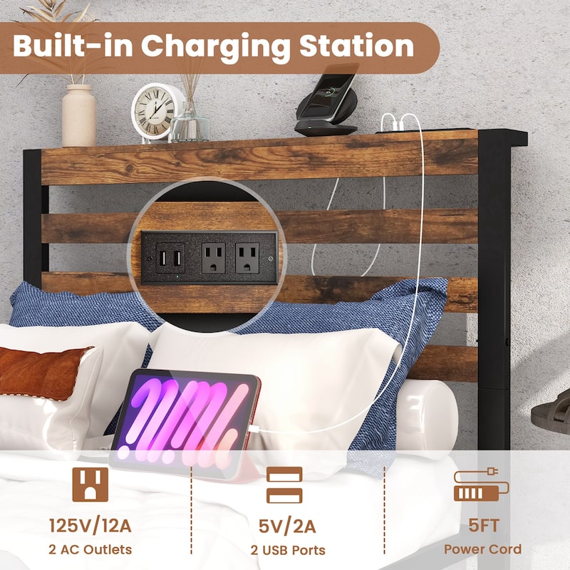 Costway Full Industrial Metal Platform Bed Frame Charging Station