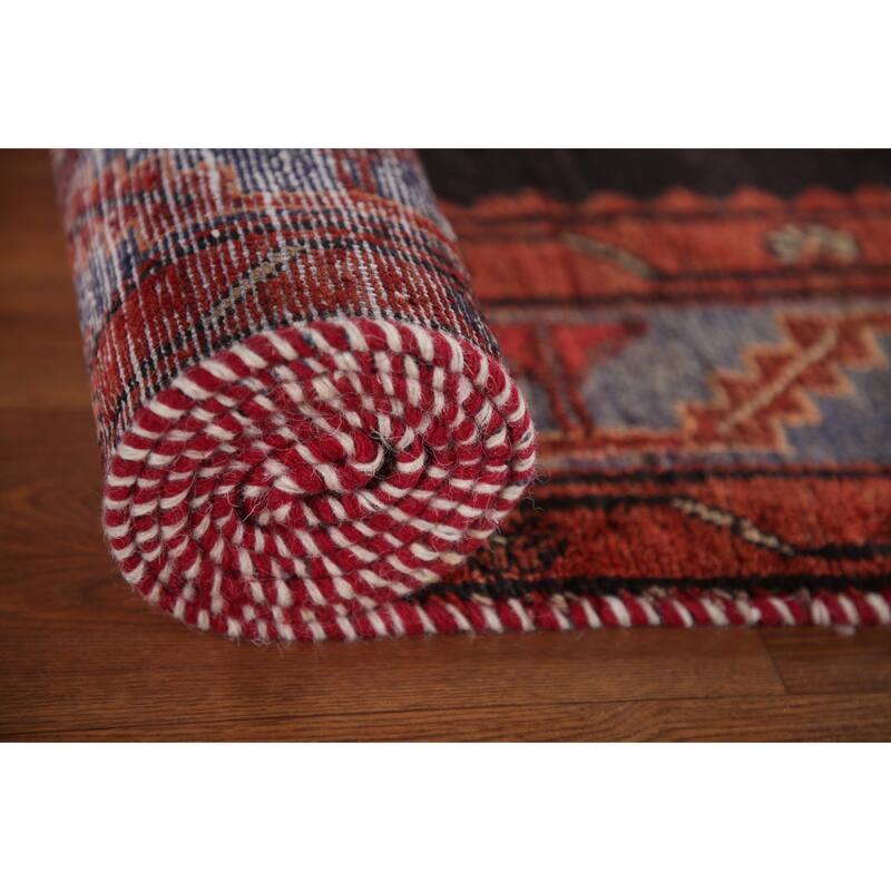 Geometric Hamedan Persian Vintage Runner Rug Hand-Knotted Wool Carpet - 3'5"x 9'9"