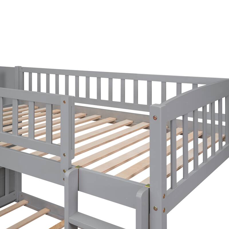 Pine Wood Twin Bunk Bed w/ Storage Staircases, Convertible Ladder & Slide