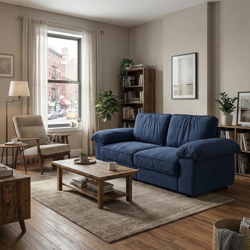 Roomfitters Modern Overstuffed Upholstered Sofa with Hidden Storage and Padded Arms, Comfy Loveseat for Small Space