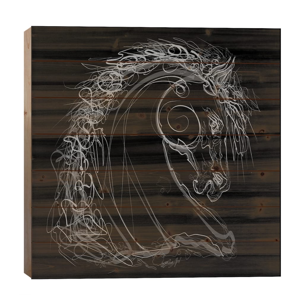 White Stallion Line Drawing Black Background Print On Wood by OLena Art - Multi-Color