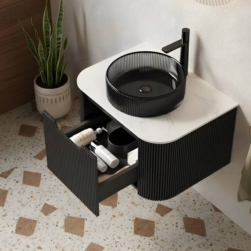 Wall Mounted Bathroom Vanity with Transparent Black Round Glass Basin
