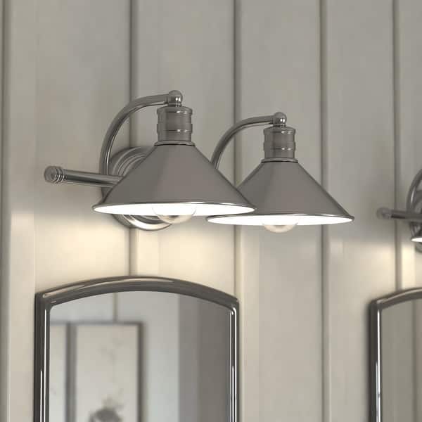 slide 2 of 11, Akron 2-Light 18 in. W Bathroom Vanity Lighting Fixture, Metal Shade, Dimmable, LED Compatible Over the Mirror Mount Wall Sconce 18-in W x 6.25-in H x 10-in D - Satin Nickel and Matte White