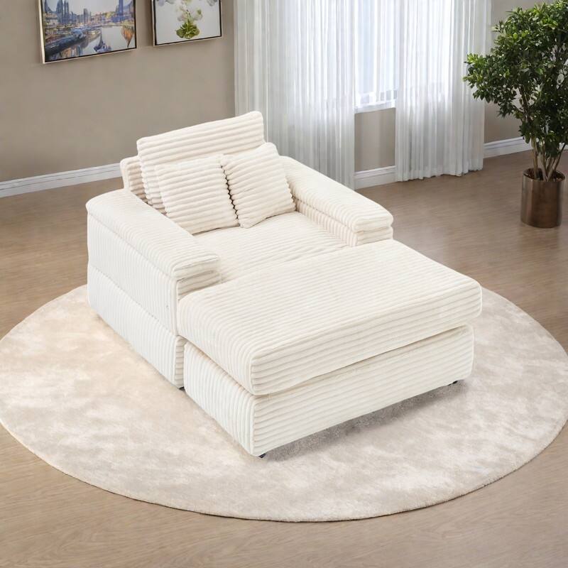 Corduroy Single Sofa Sets with 2 Throw Pillows and 500lb Weight Capacity - White