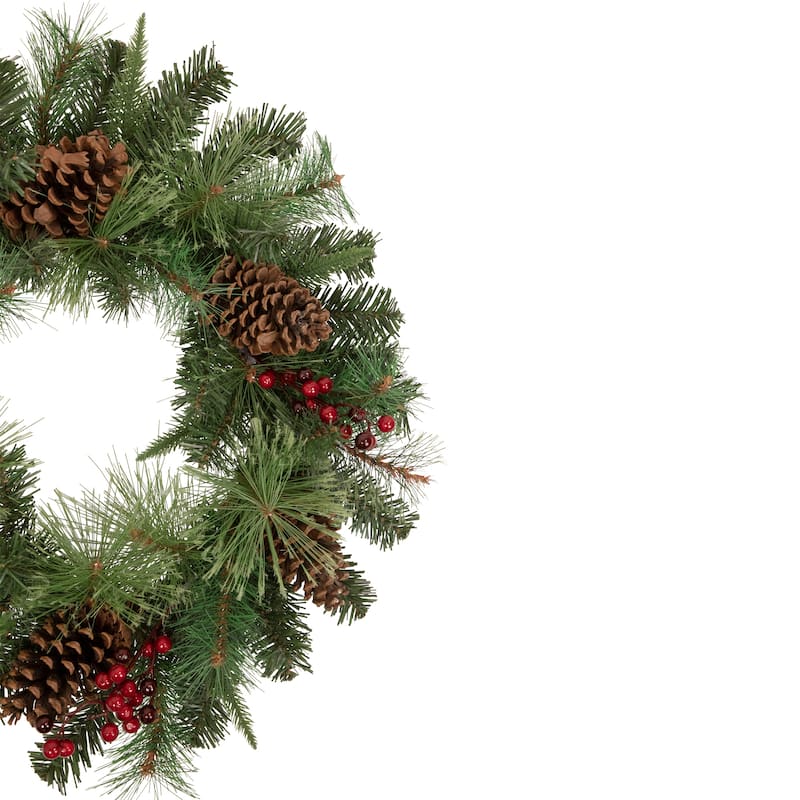 24" Pre-Lit Artificial Mixed Pine and Berries Christmas Wreath