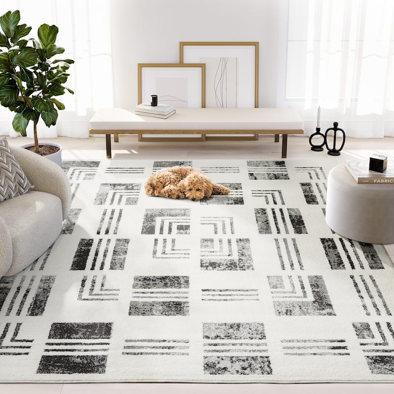 Abani Rugs Nomad Collection NOM140A Cream Grey Checkered Bordered Pattern Geometric Area Rug - 7'9" x 10'2"