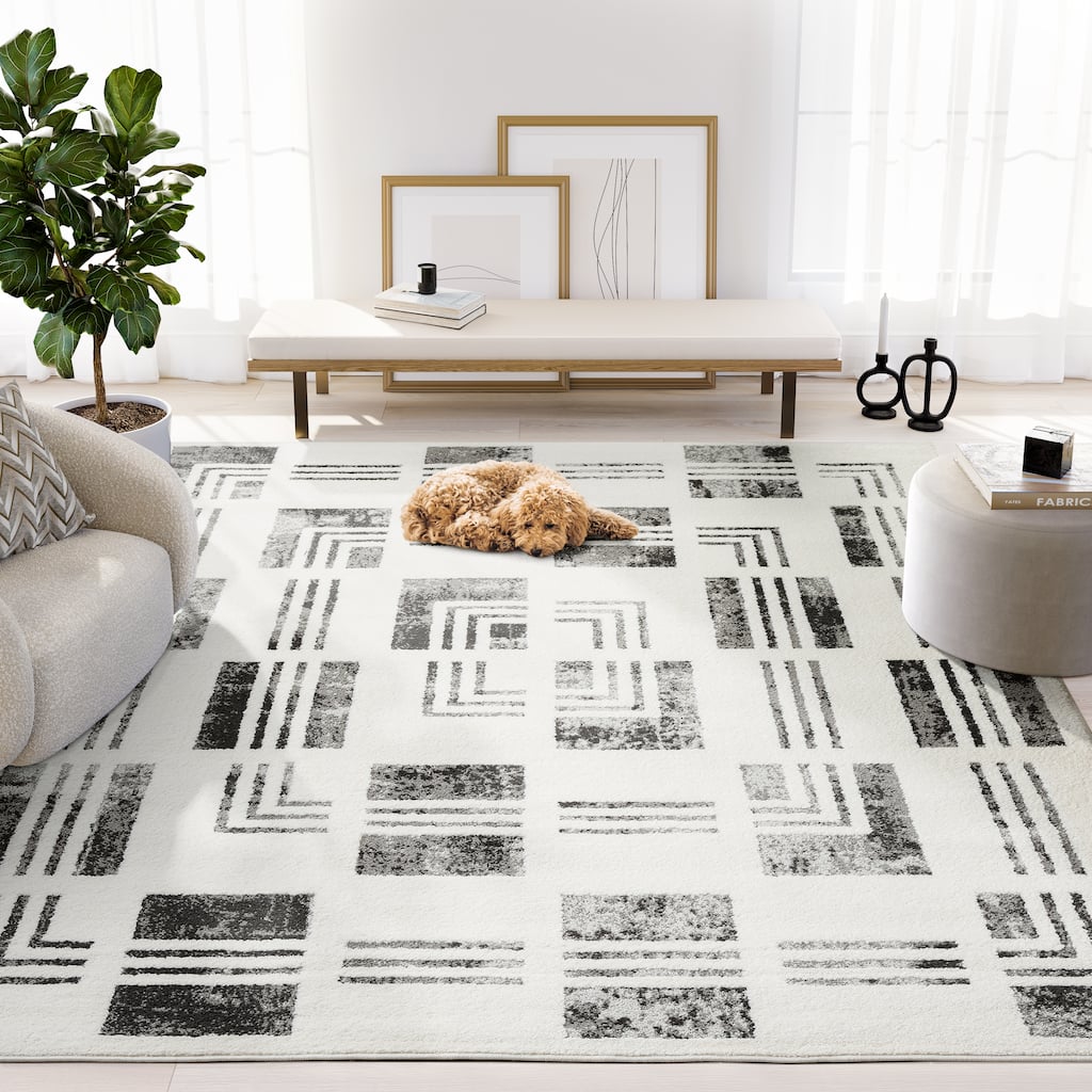 Abani Rugs Nomad Collection NOM140A Cream Grey Checkered Bordered Pattern Geometric Area Rug